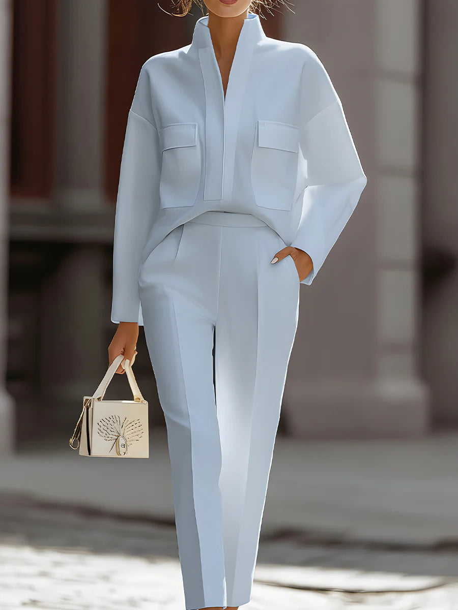 Woman wearing light blue matching set