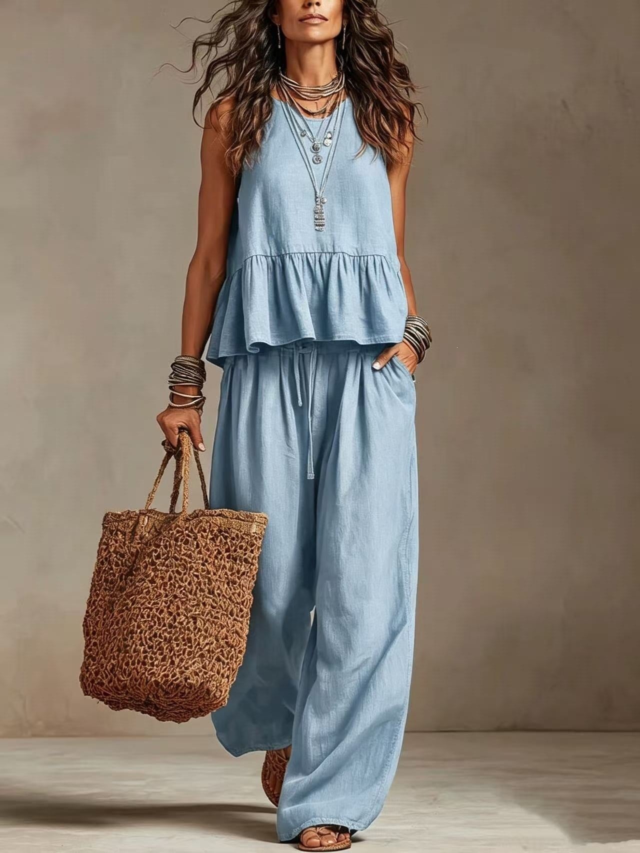Woman wearing light blue boho sleeveless peplum top and wide leg pants set