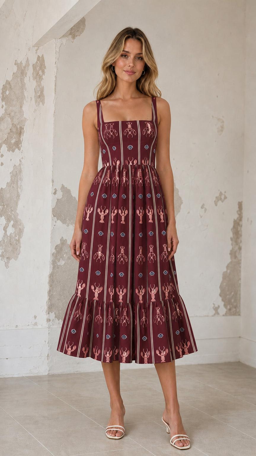 Front view of burgundy color variant midi dress