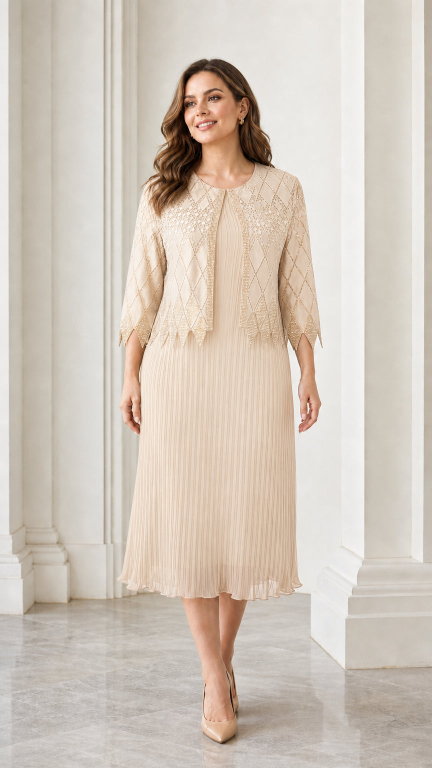 Front full view of champagne two-piece dress set
