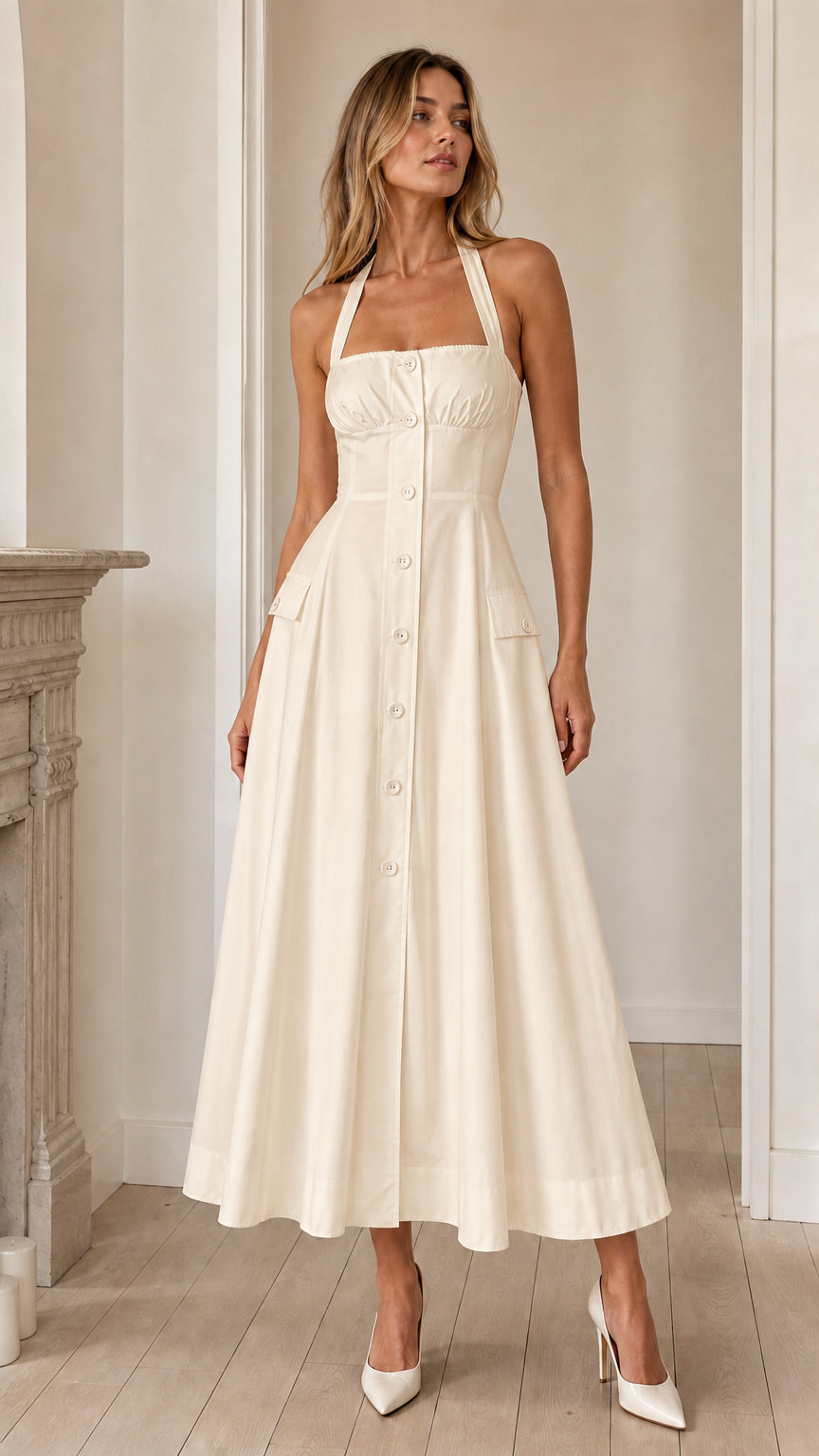 Front view of cream halter midi dress variant