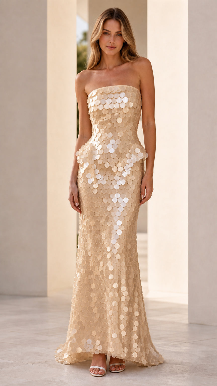 Front view of model wearing champagne sequin strapless peplum maxi dress