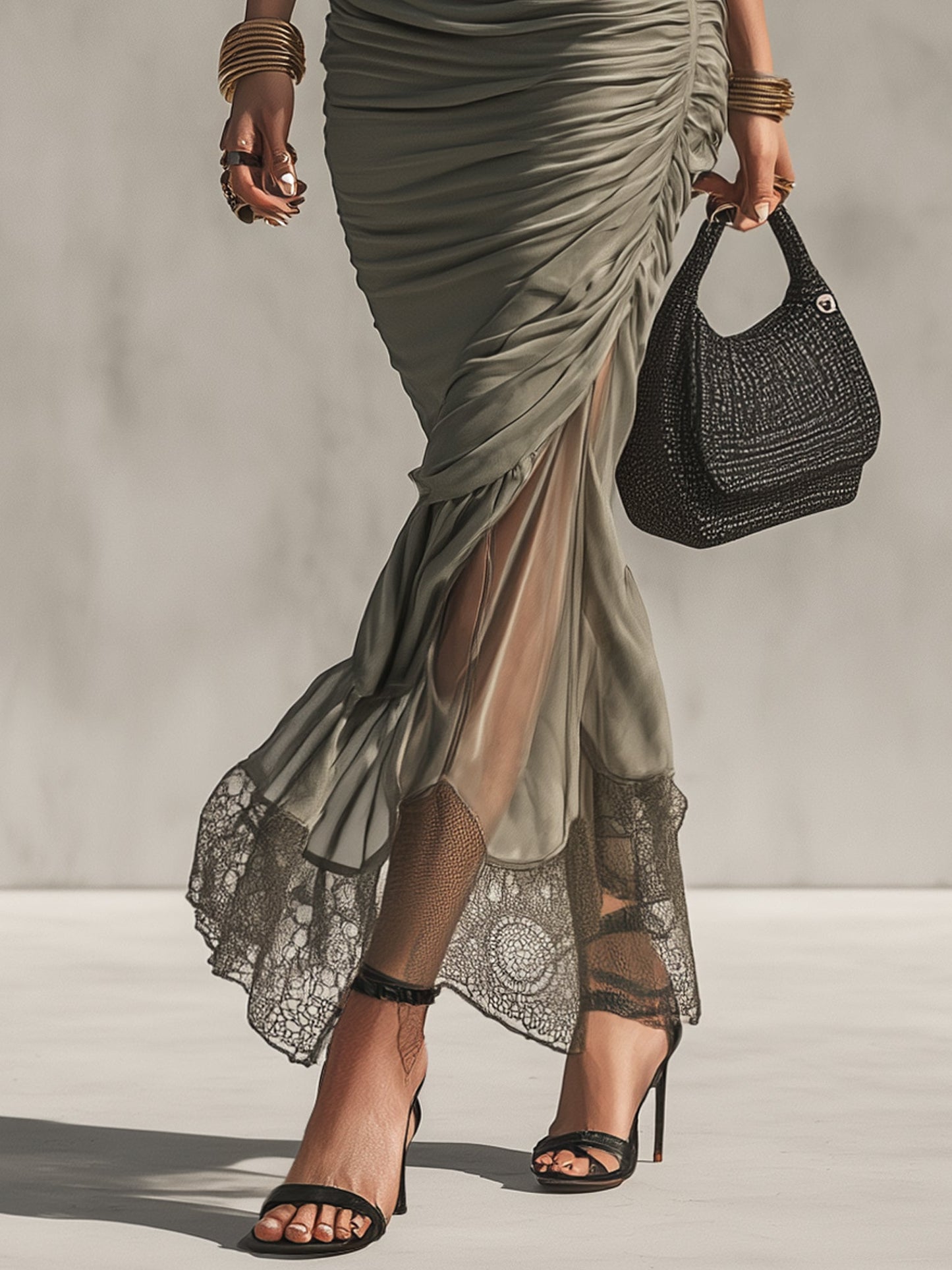 Green Lace Paneled Bodycon Dress