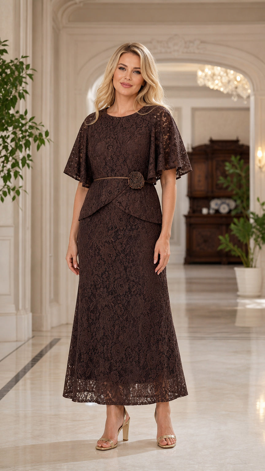Front view of brown lace overlay maxi dress