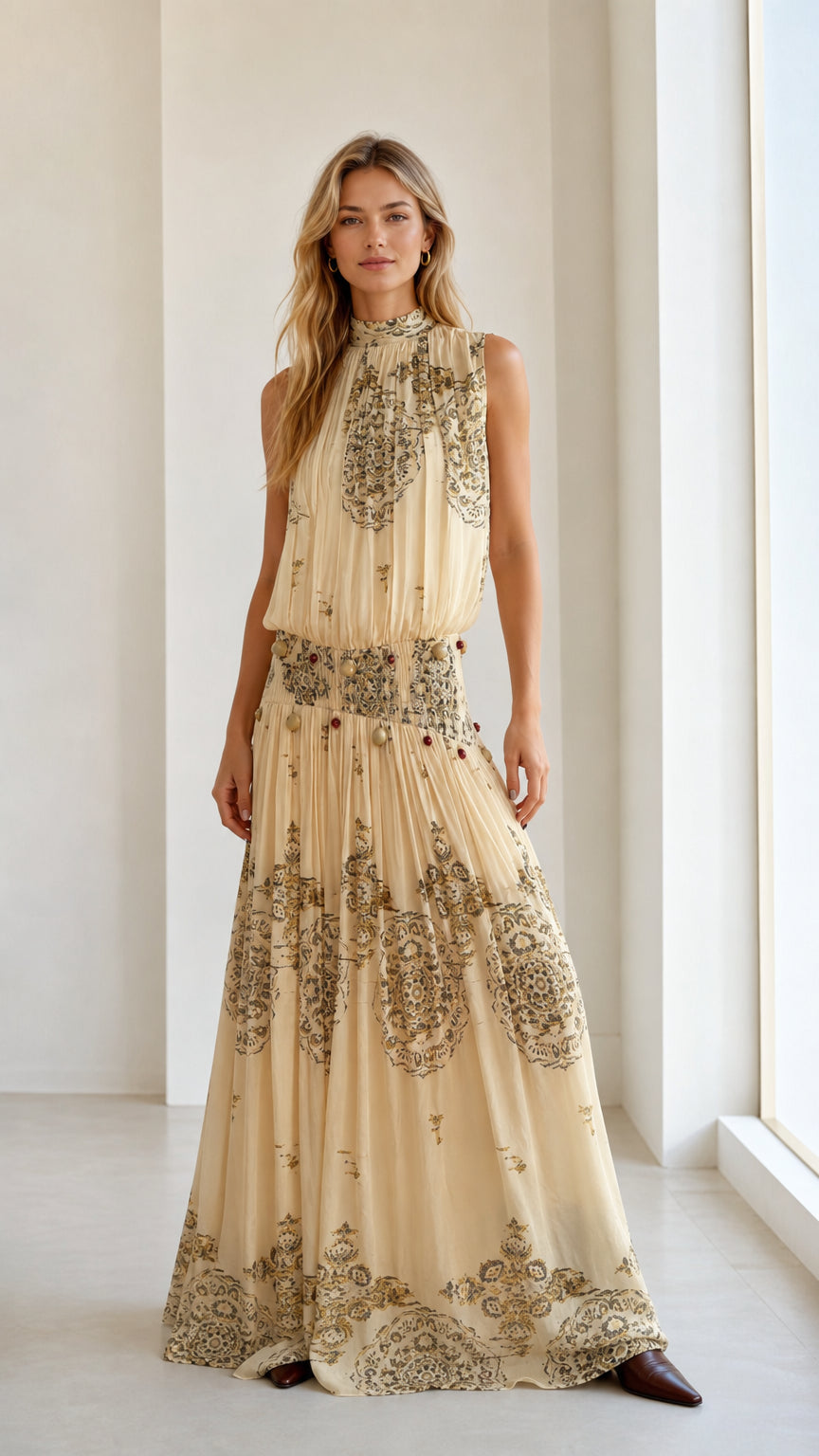 Front view of beige bohemian printed sleeveless pleated maxi dress