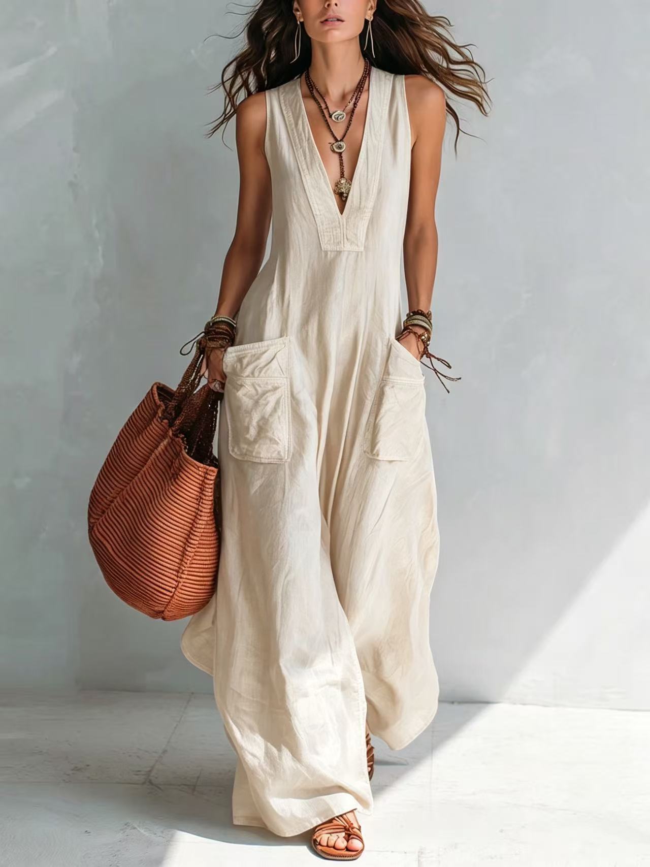 Beige V-Neck Sleeveless Pocket Jumpsuit