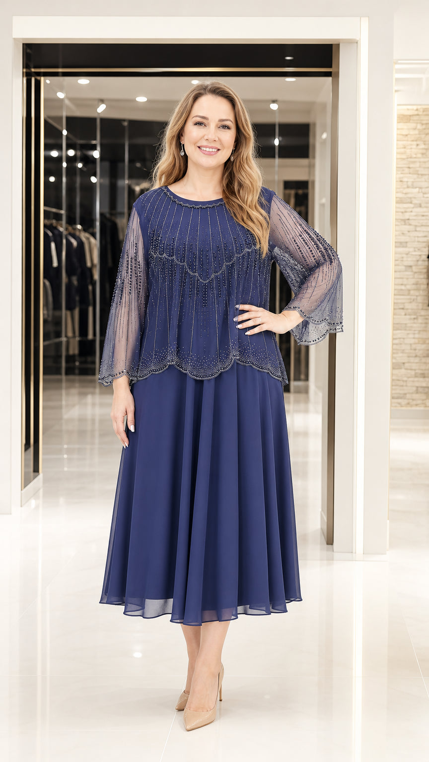 Full front view of navy beaded chiffon midi dress