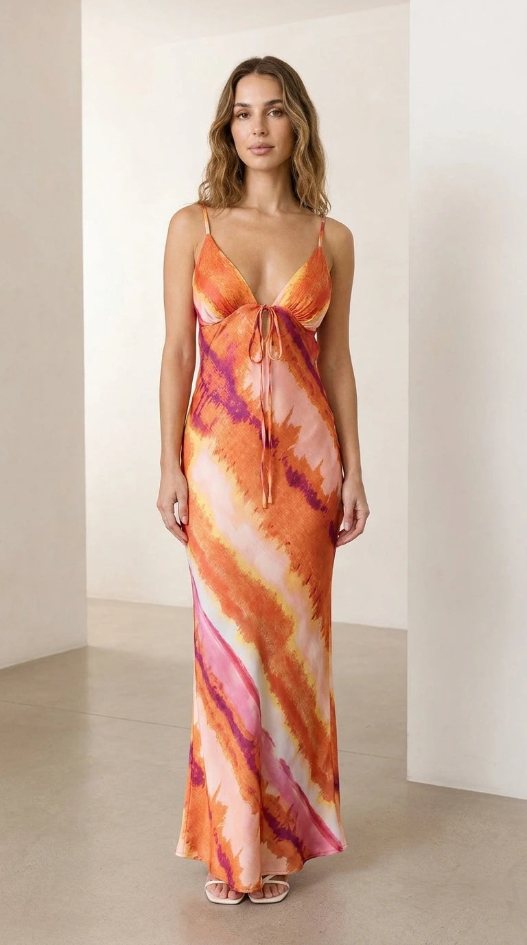 Front view of vibrant orange tie-dye maxi slip dress
