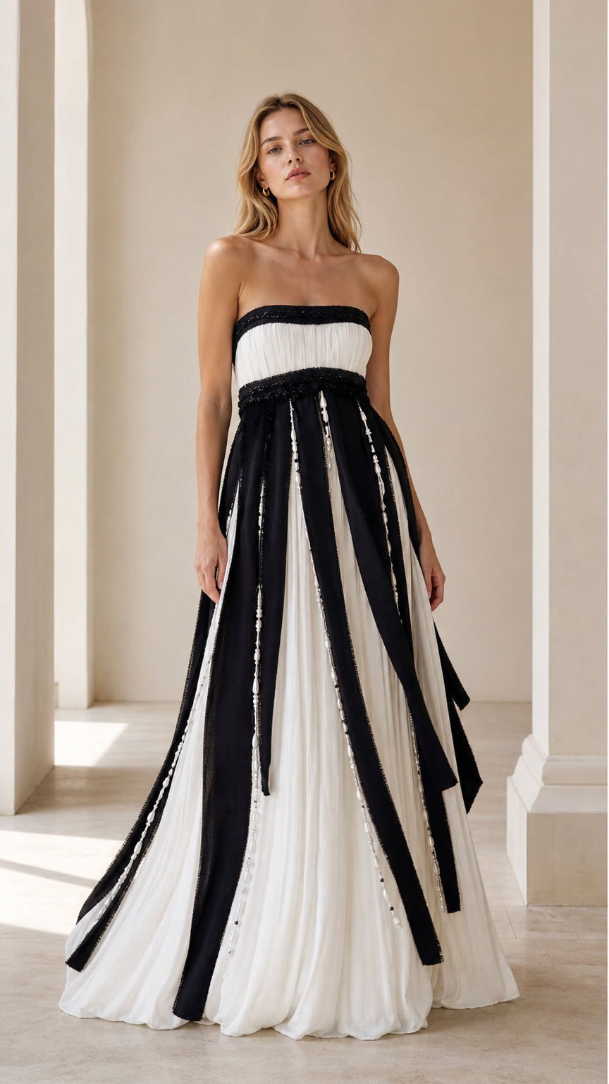 Front view of woman wearing black and white strapless evening gown