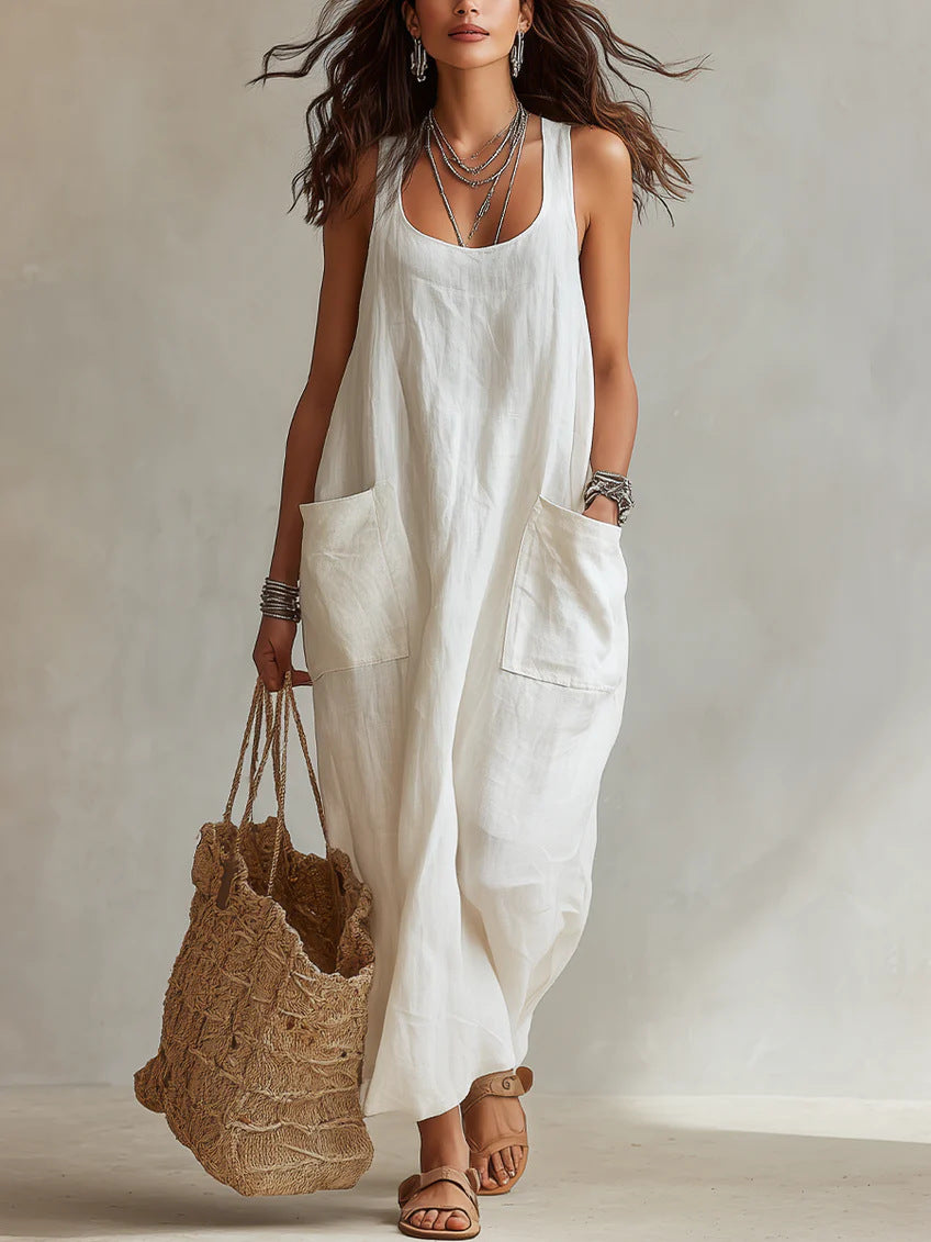 Women's casual sleeveless loose fit maxi jumpsuit in white