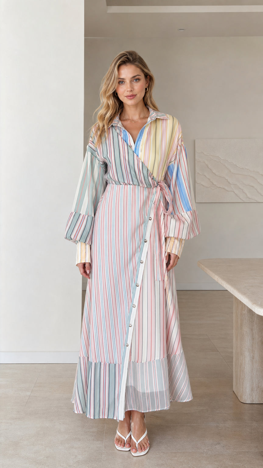 Model wearing multi stripe long sleeve wrap maxi dress from the front