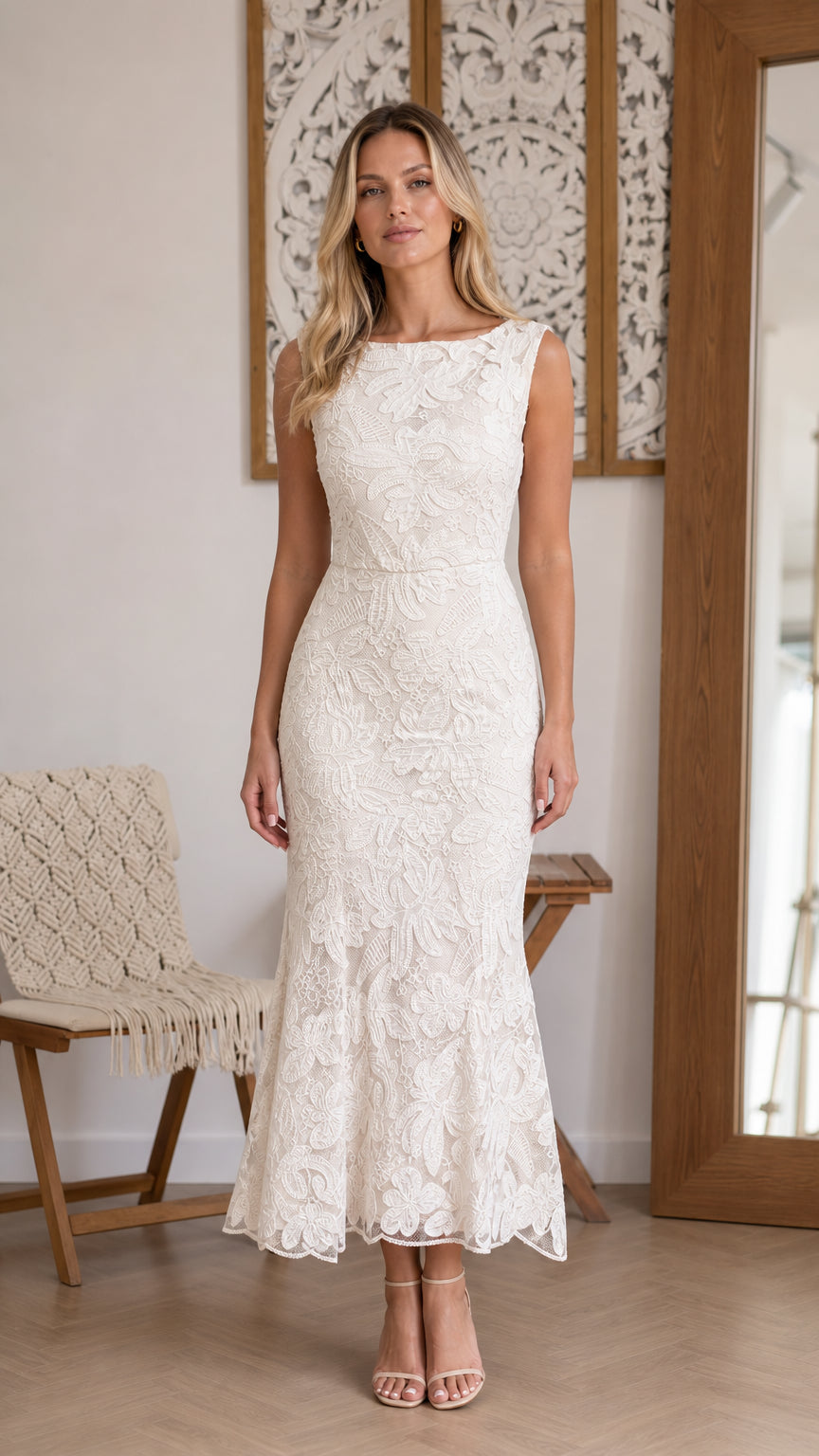 Front view of White floral lace midi dress