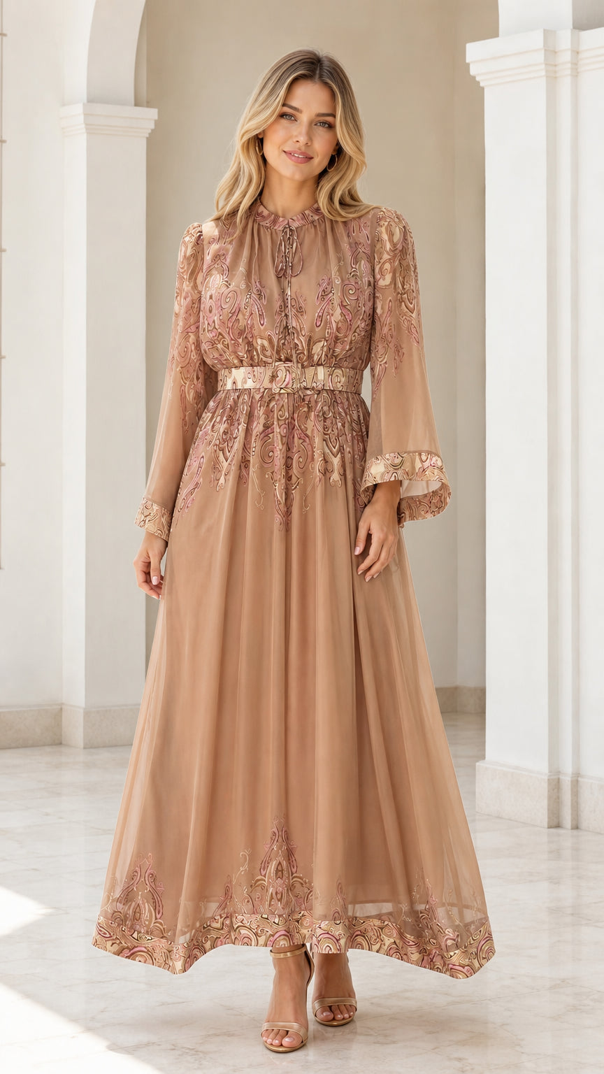 Front view of camel paisley maxi dress