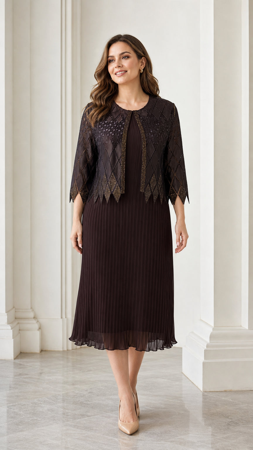 Front full view of dark brown pleated dress and matching jacket set