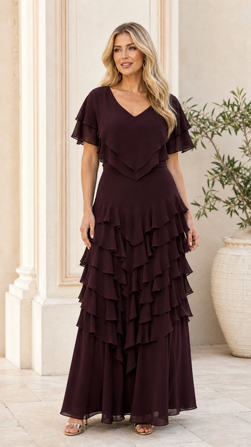 Front view of model wearing burgundy layered ruffle maxi dress