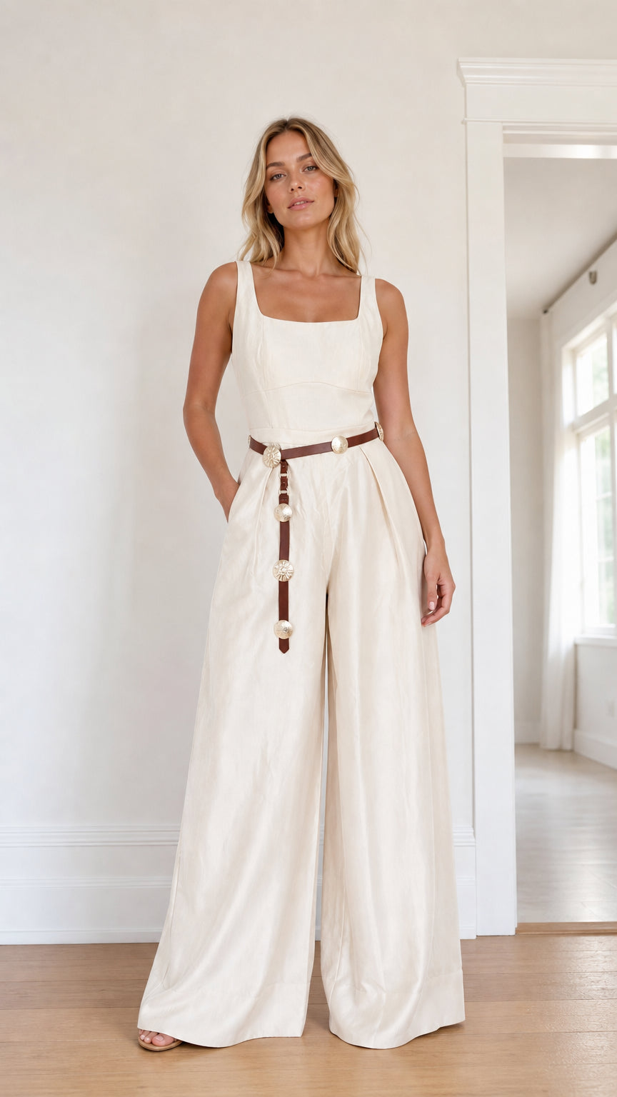 Front view of model wearing ivory wide leg jumpsuit with statement belt