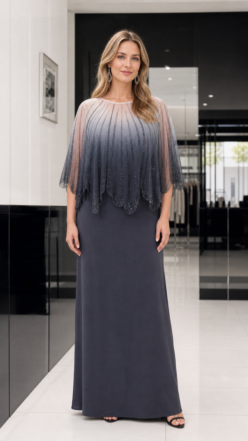 Front view of charcoal grey ombre beaded capelet evening dress
