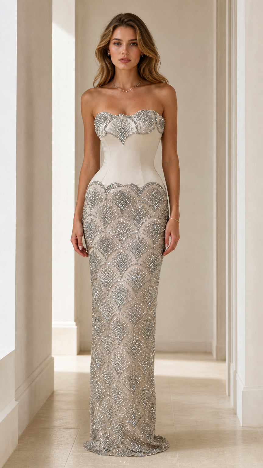Front view of champagne sequin strapless evening gown