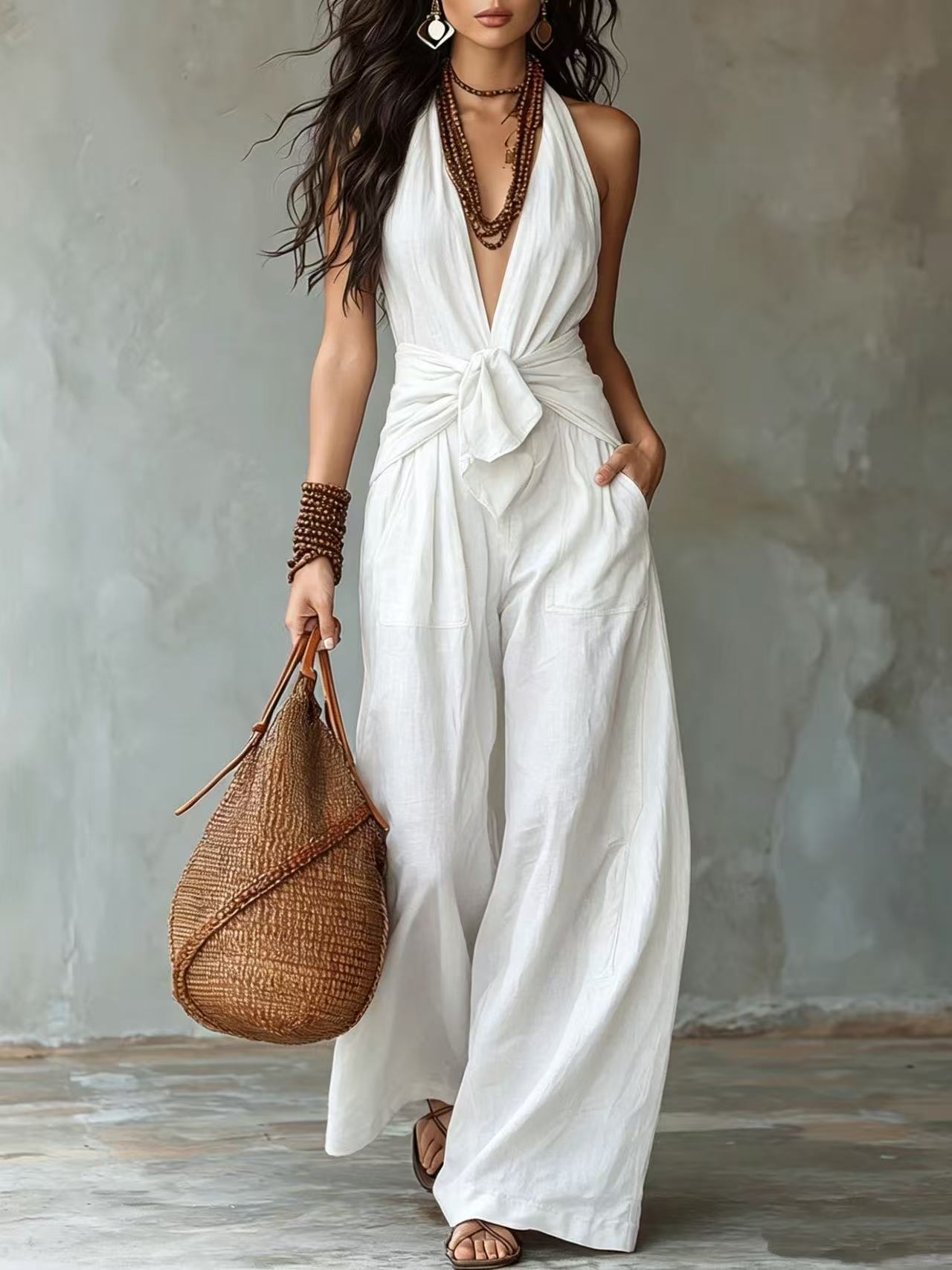Model wearing white halter tie waist wide leg jumpsuit with woven bag