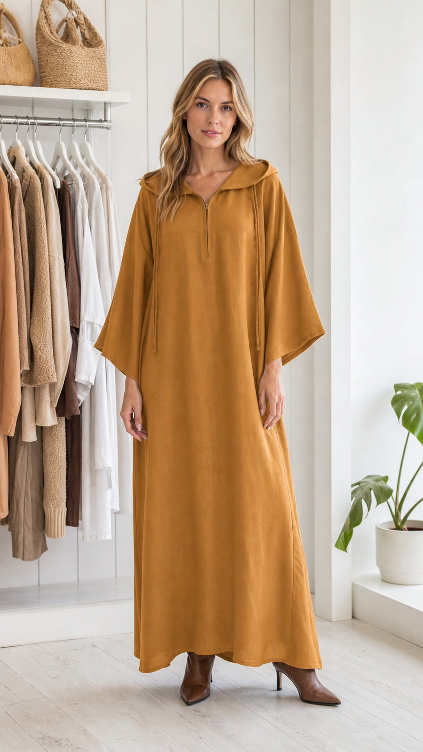 Front view of woman wearing mustard hooded maxi kaftan