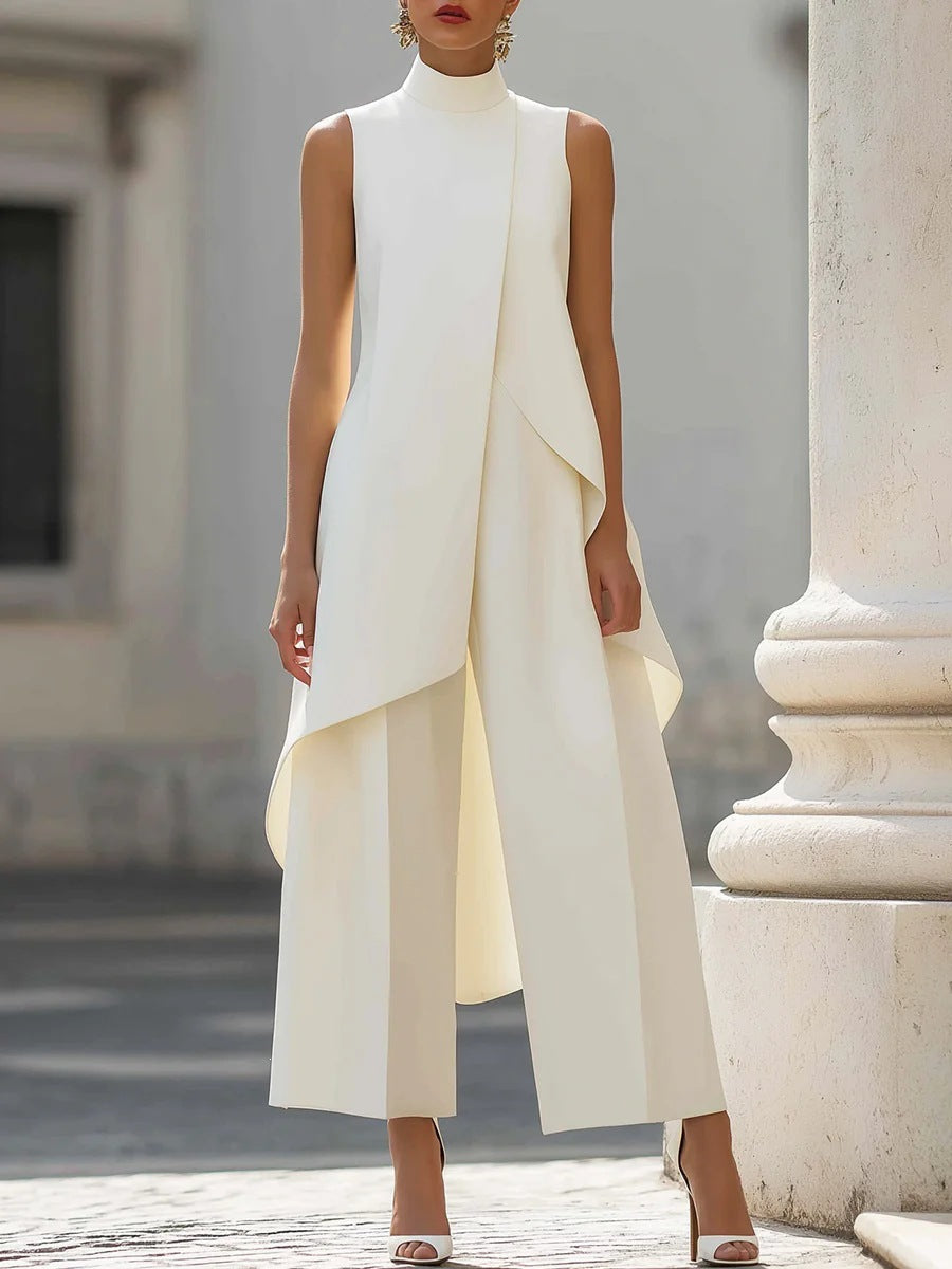 White Mock Neck Asymmetrical Tunic and Wide-Leg Pants Set