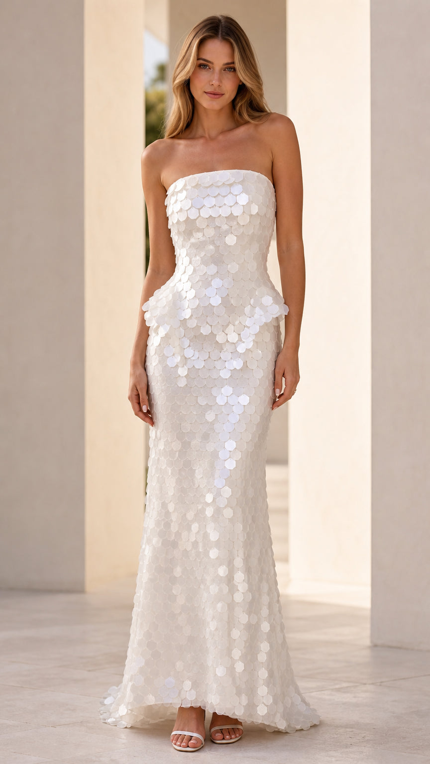 Front view of model wearing white sequin strapless peplum maxi dress