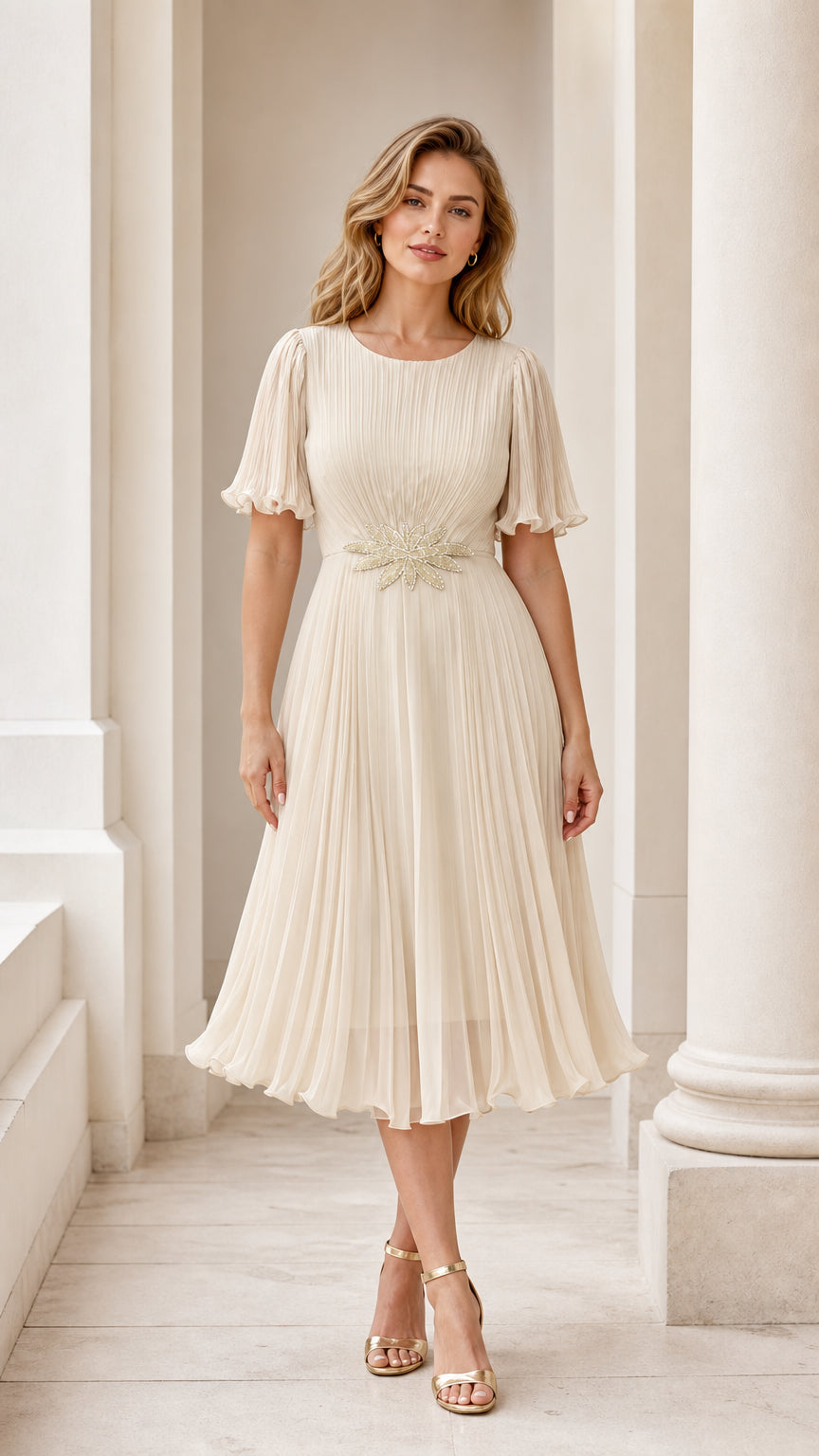 Front view of model wearing the champagne pleated midi dress with embroidered waist