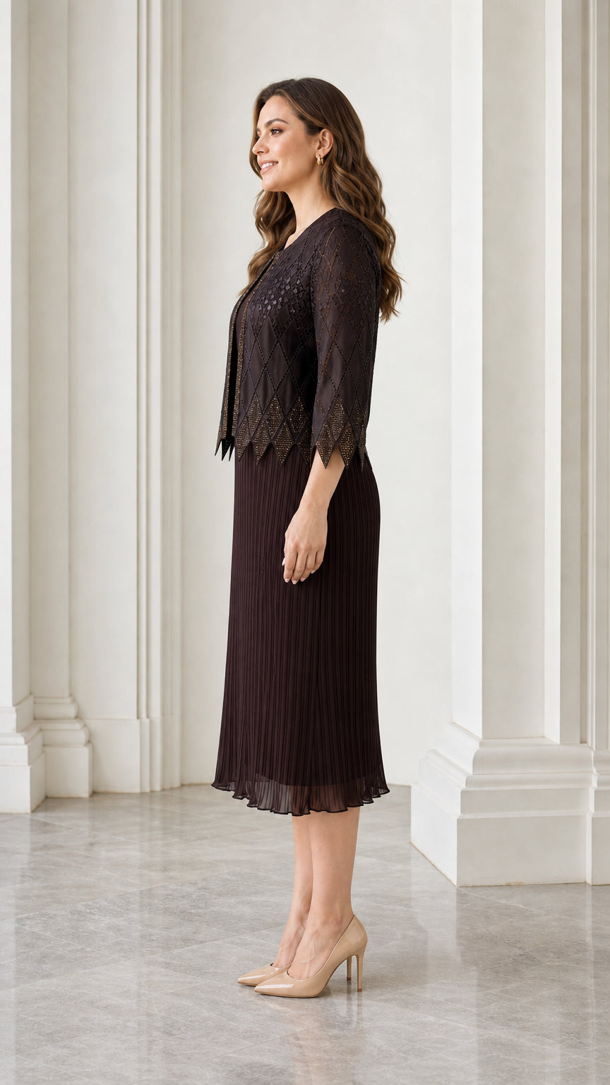 Side profile view of dark brown two-piece dress set