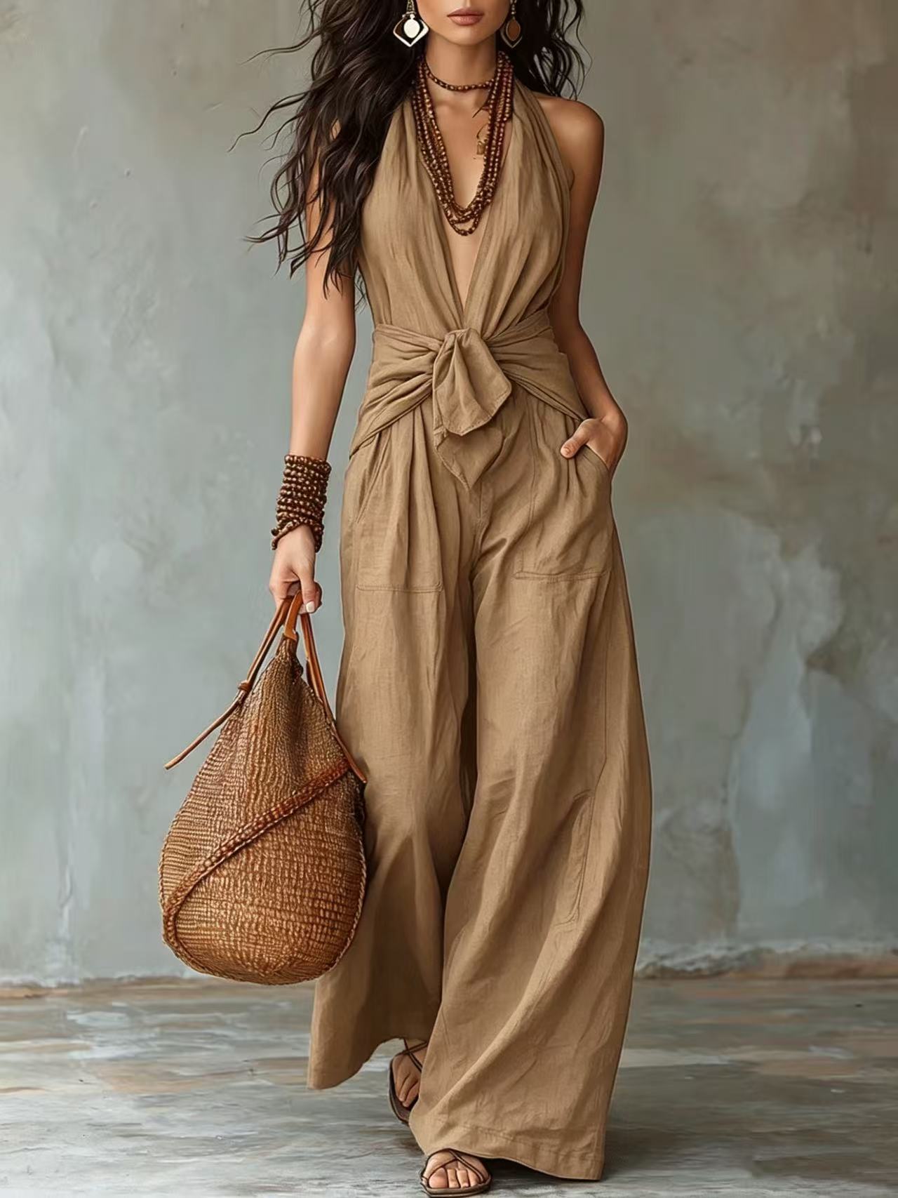 Model wearing khaki halter tie waist wide leg jumpsuit