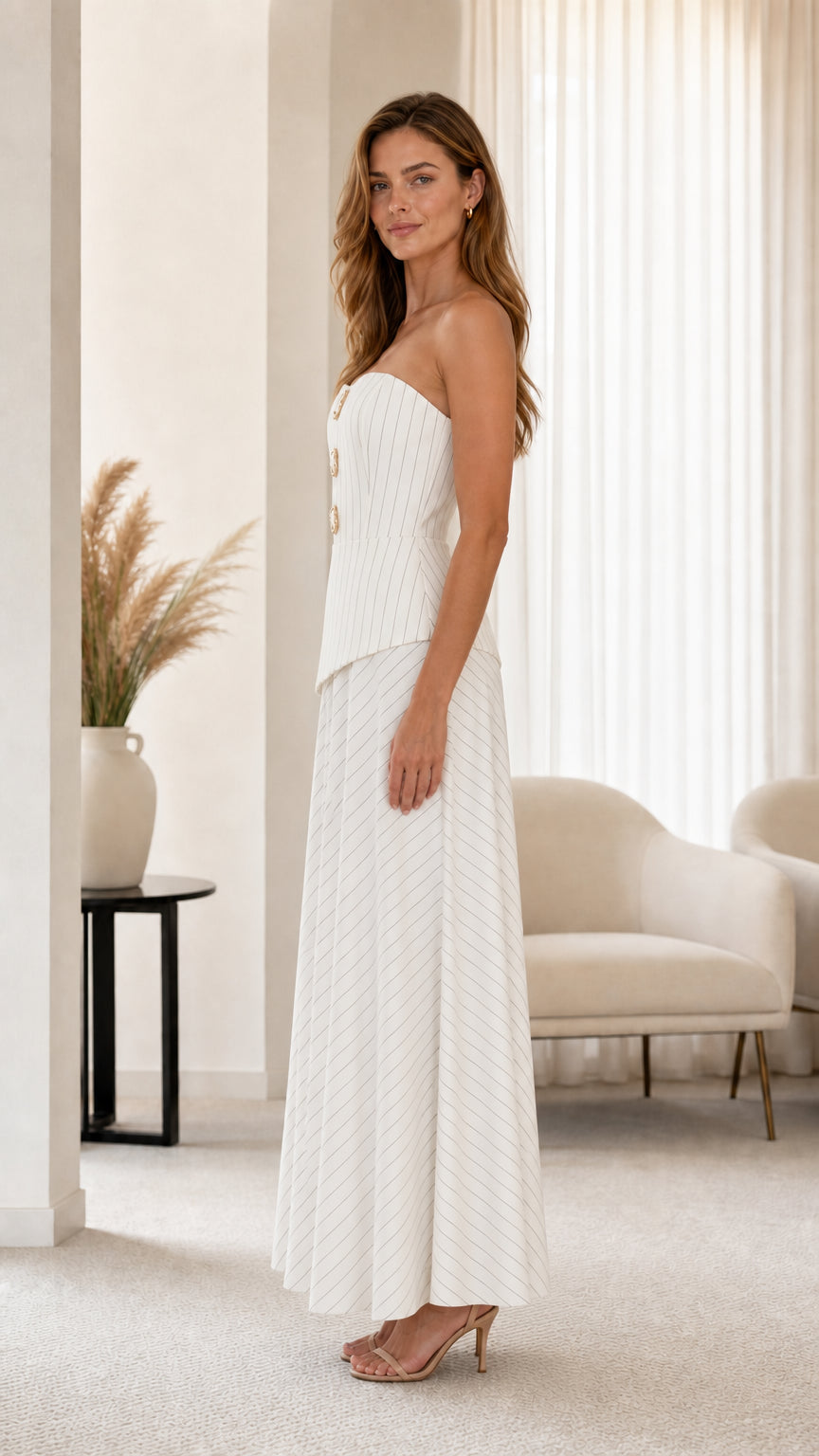 Side profile view of white two-piece set