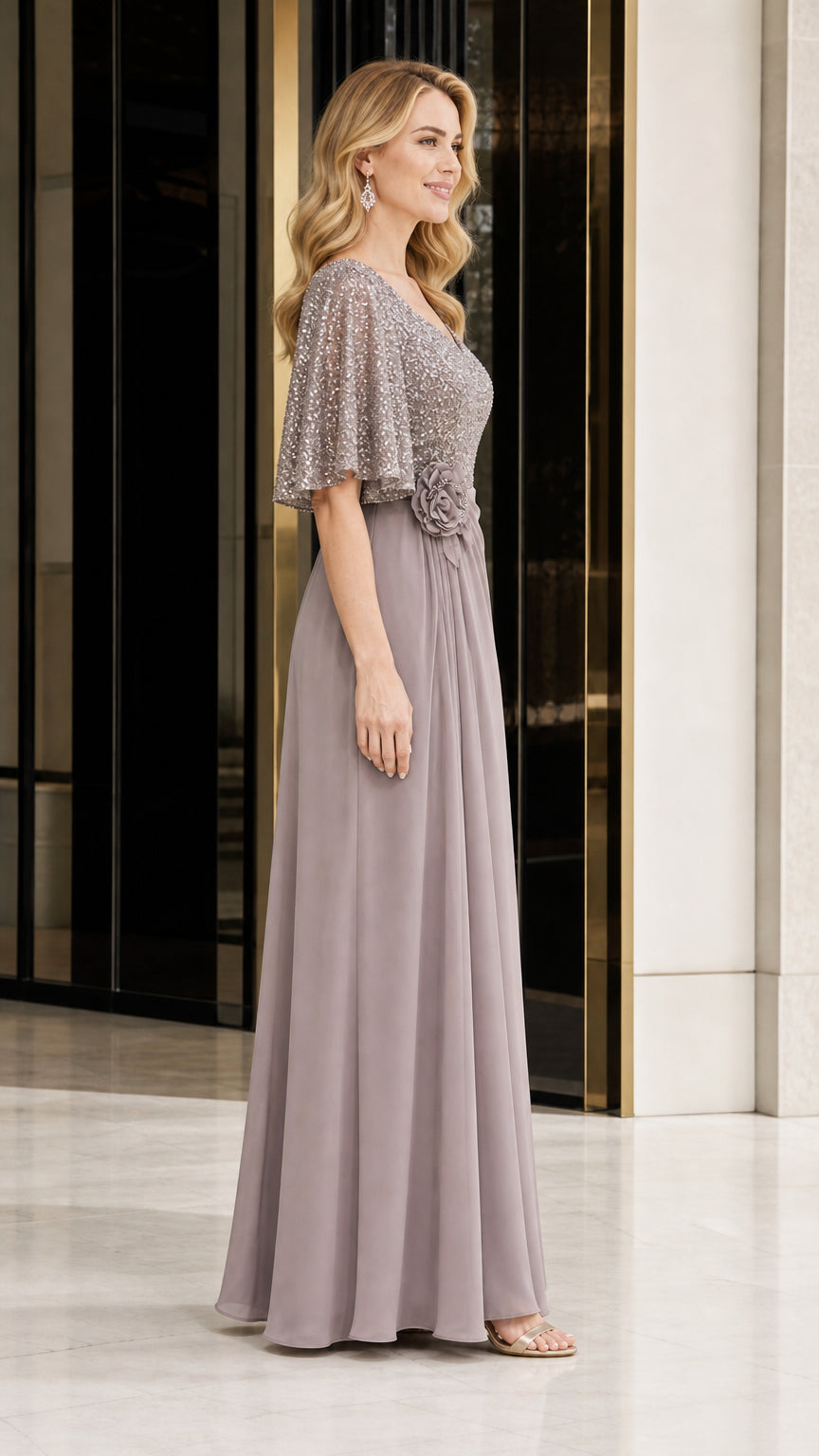 Side profile view of taupe formal dress