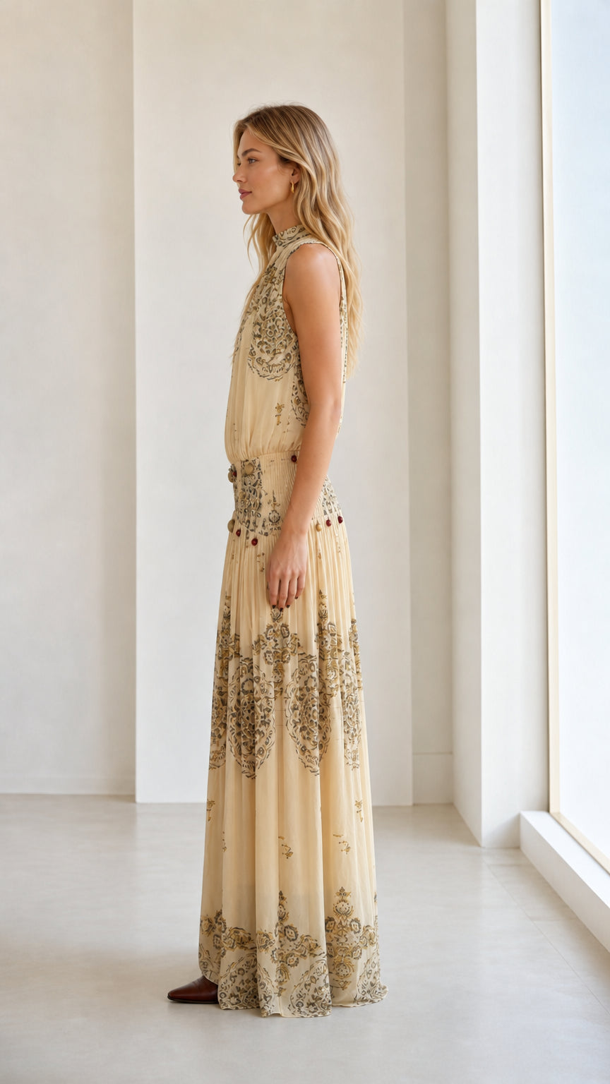 Side view of beige bohemian maxi dress