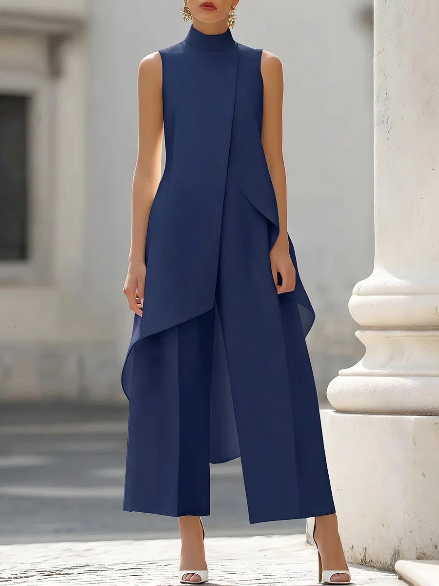Navy Mock Neck Asymmetrical Tunic and Wide-Leg Pants Set