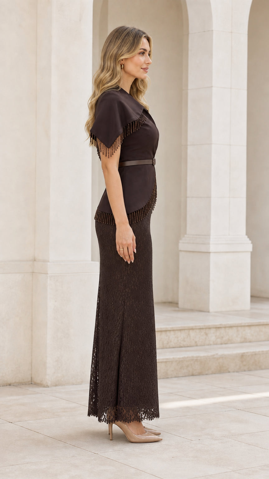 Side profile view of woman in brown formal gown