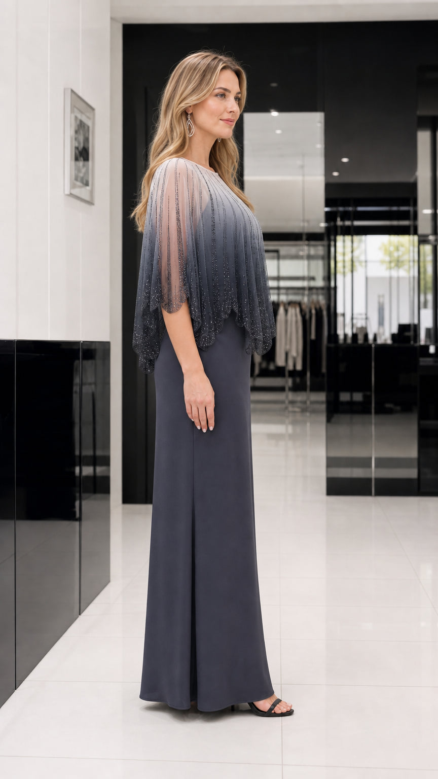 Side profile view of charcoal grey evening gown