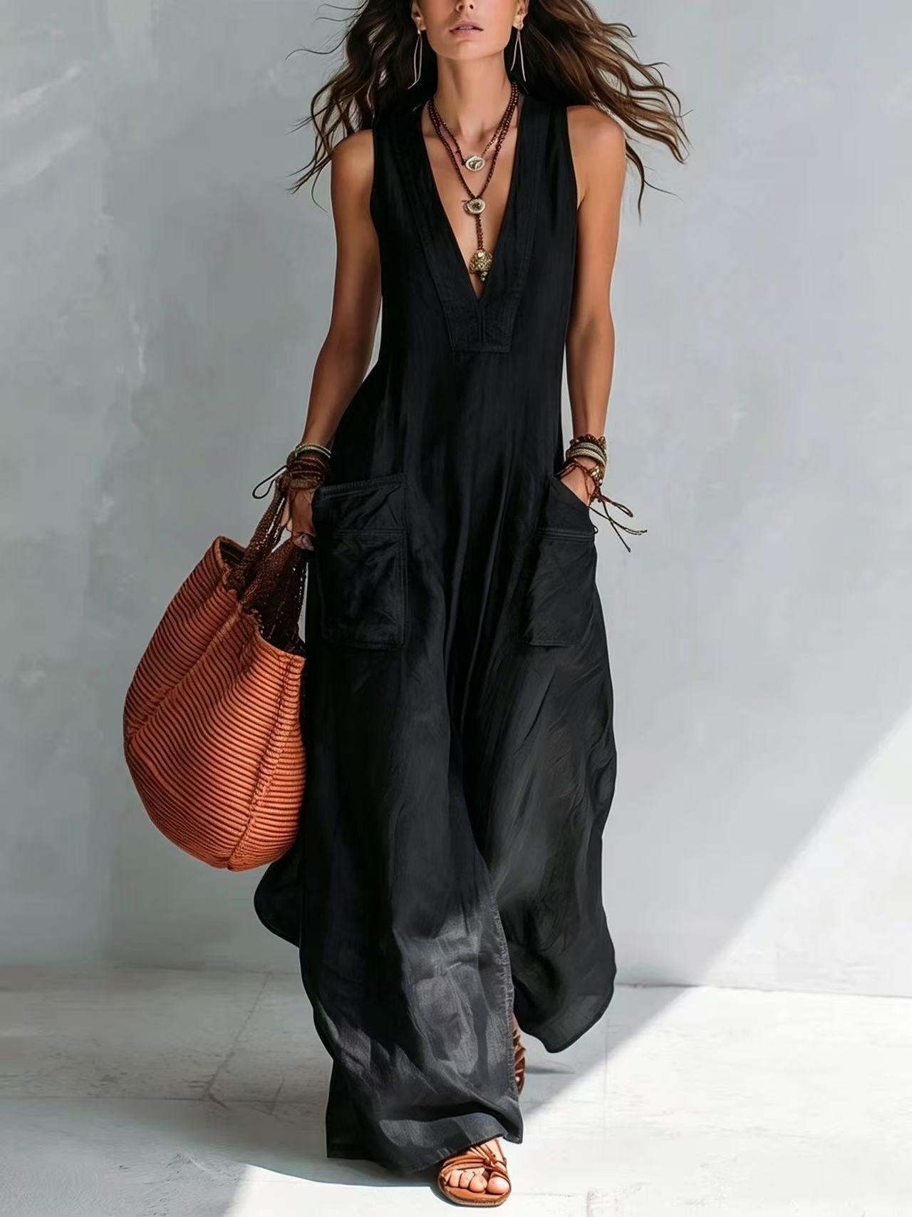 Black V-Neck Sleeveless Pocket Jumpsuit