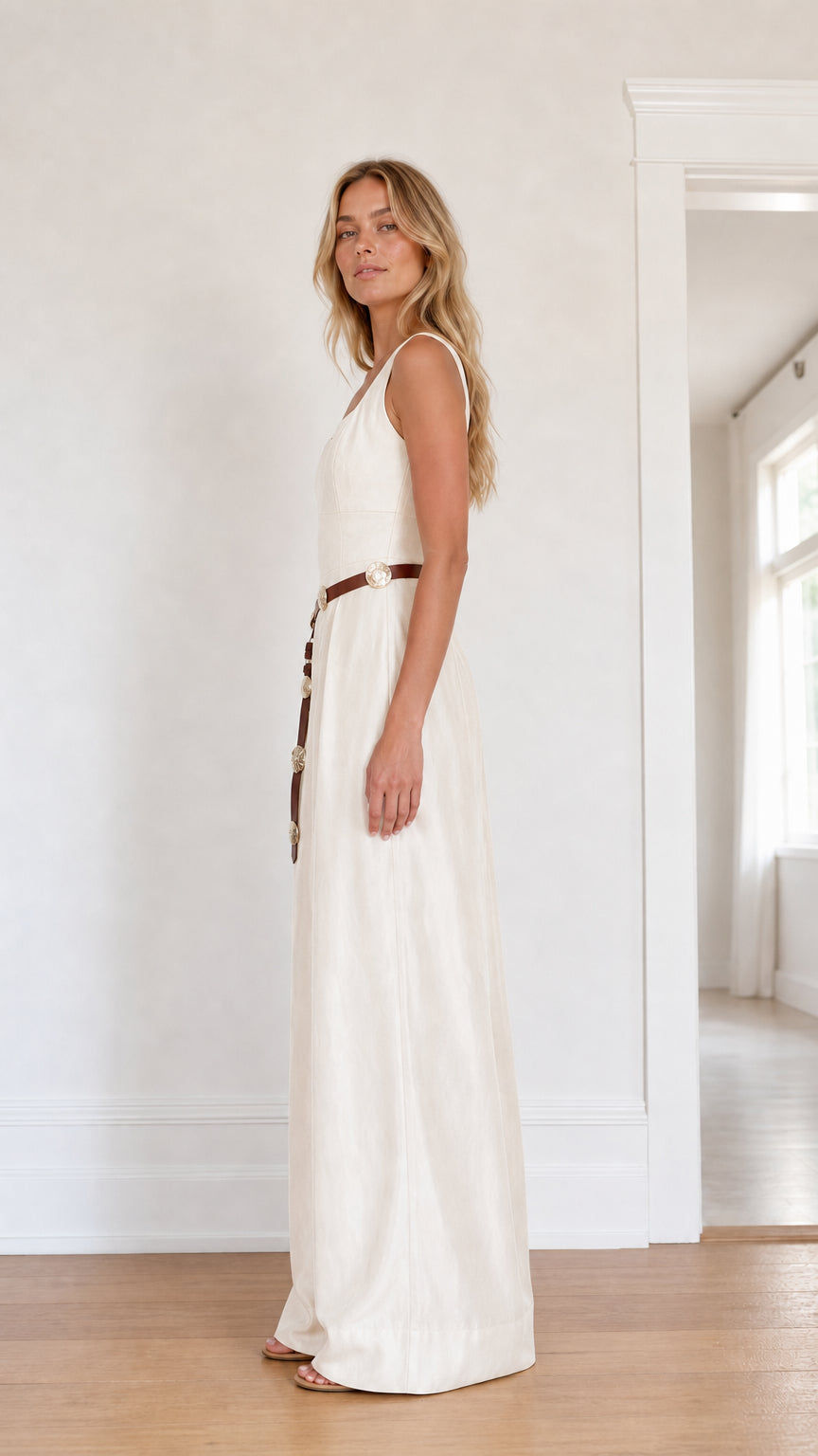 Side profile view of model wearing ivory wide leg jumpsuit