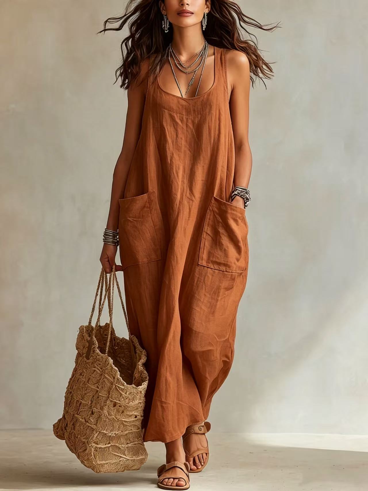 Women's casual sleeveless loose fit maxi jumpsuit in rust