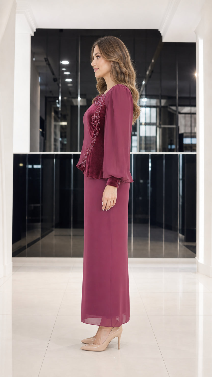 Side profile view of burgundy maxi dress