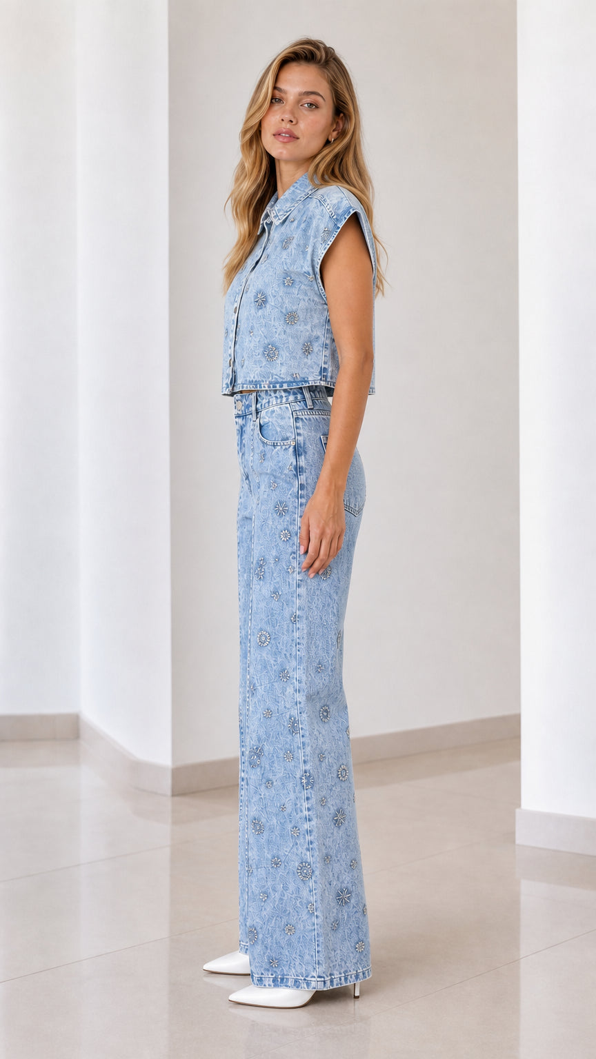 Side profile view of light blue denim matching set