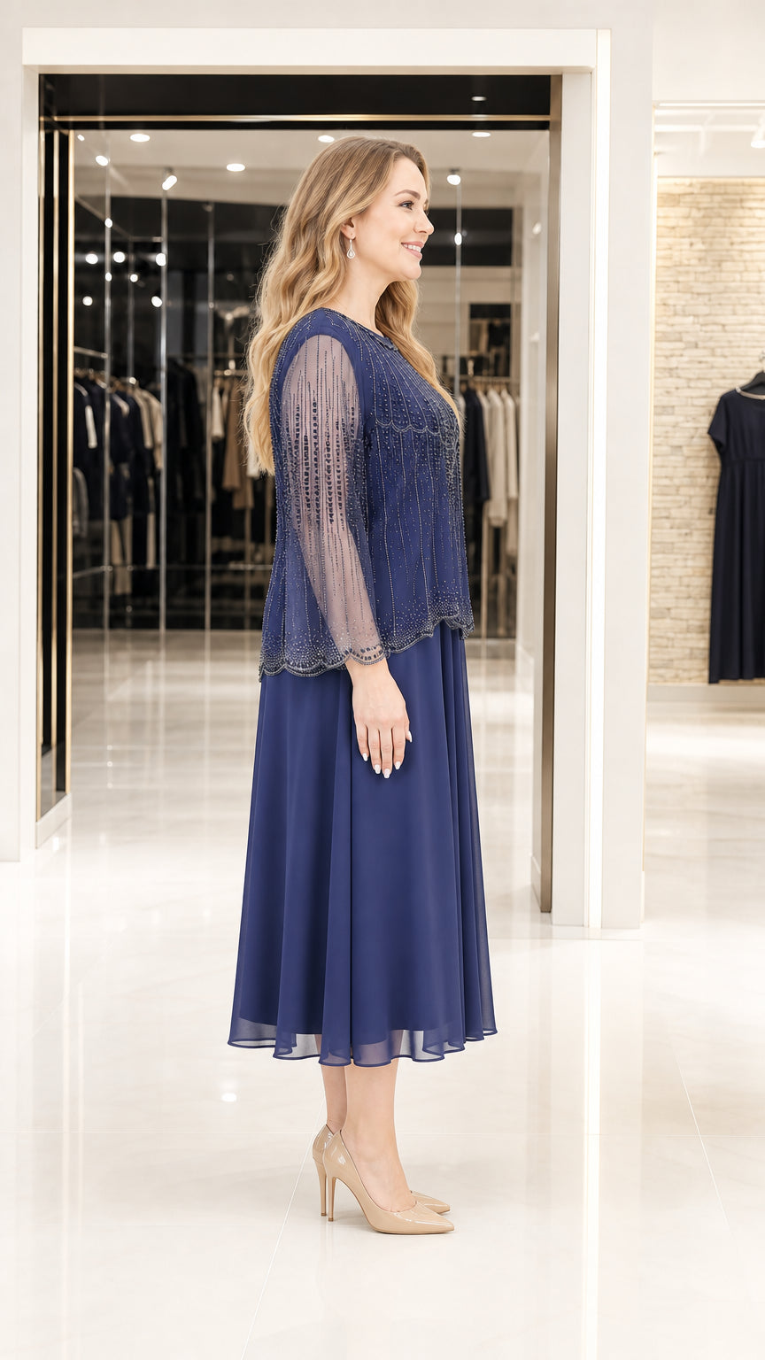 Side profile view of navy formal dress