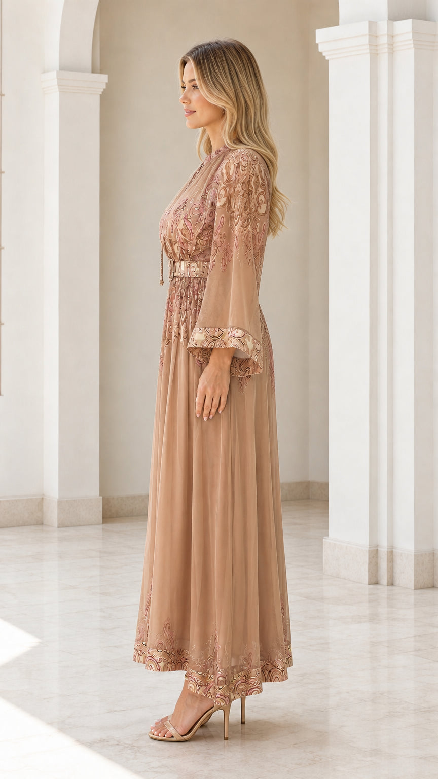 Side view of camel paisley maxi dress