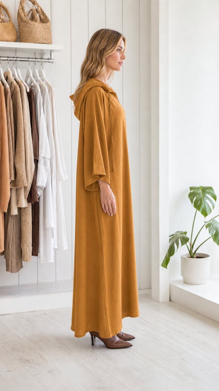 Side profile of woman in mustard hooded kaftan