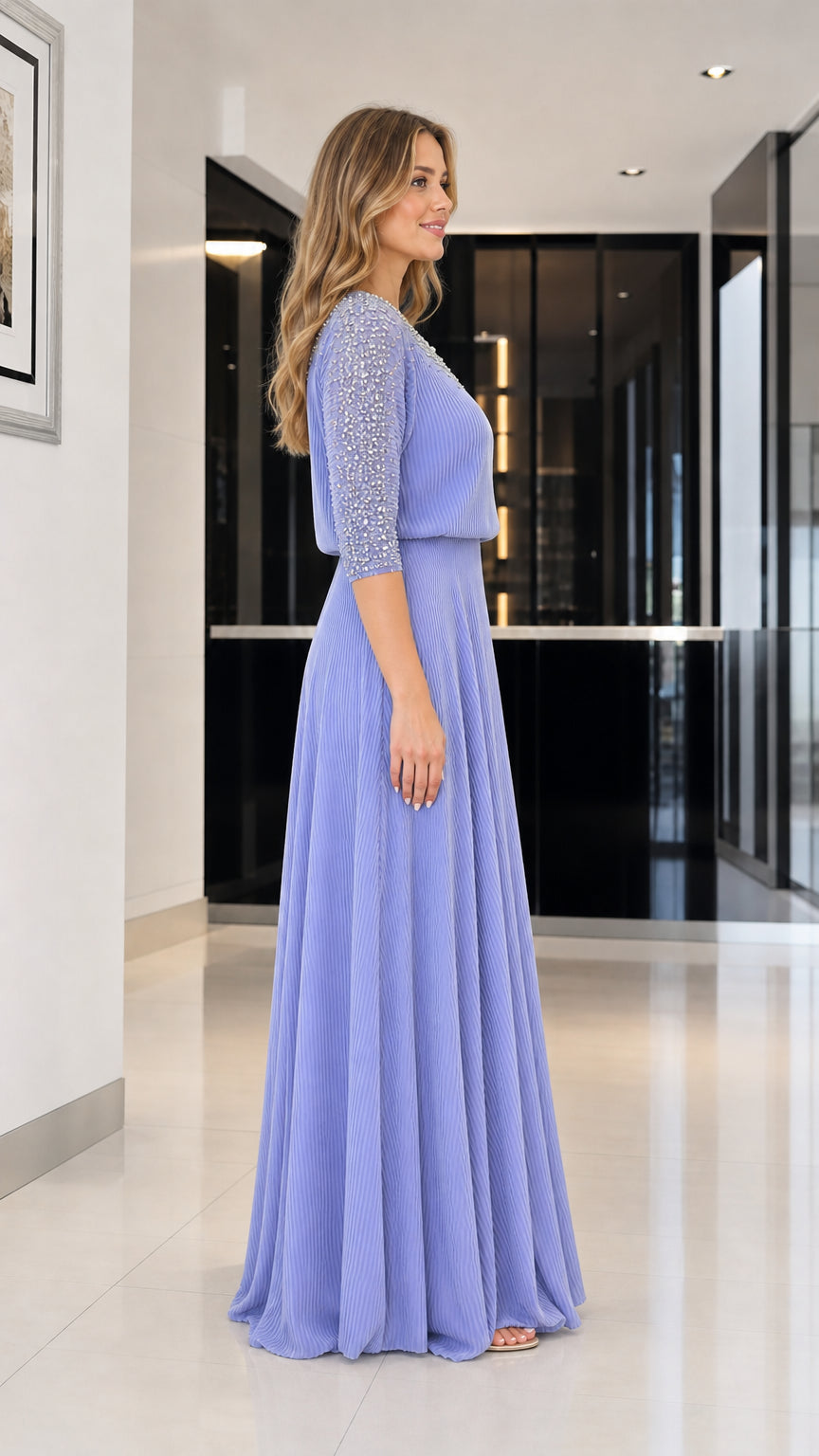 Side profile view of lavender pleated maxi dress