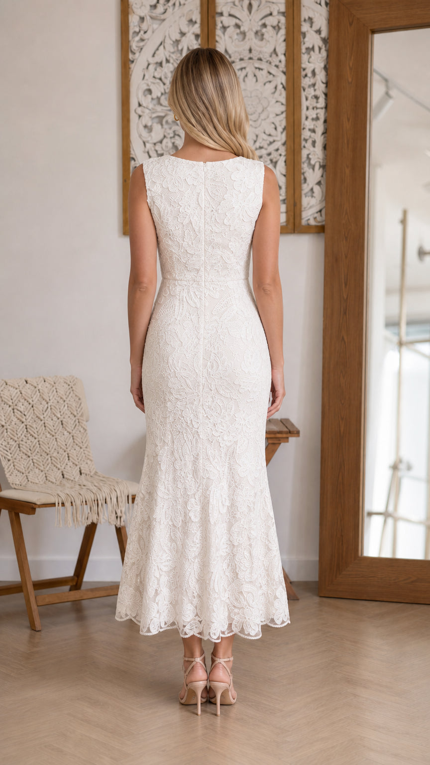 Back view of White lace midi dress