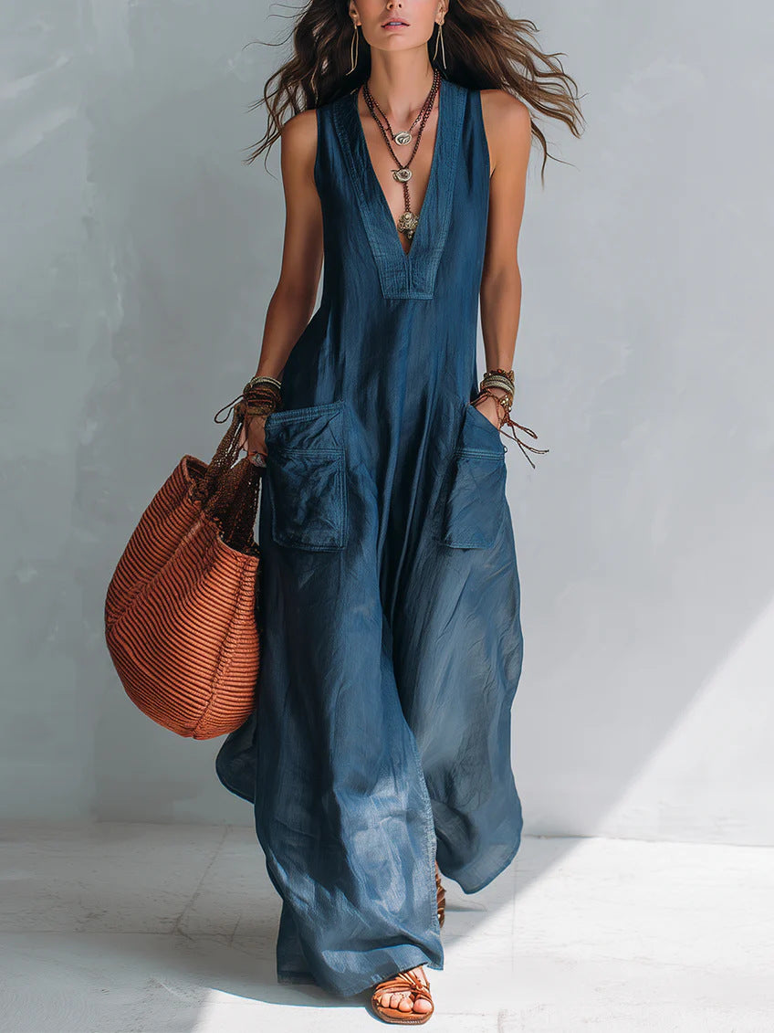 Navy V-Neck Sleeveless Pocket Jumpsuit