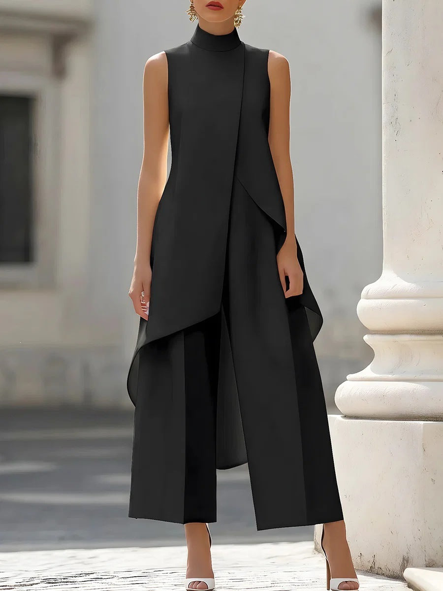 Black Mock Neck Asymmetrical Tunic and Wide-Leg Pants Set