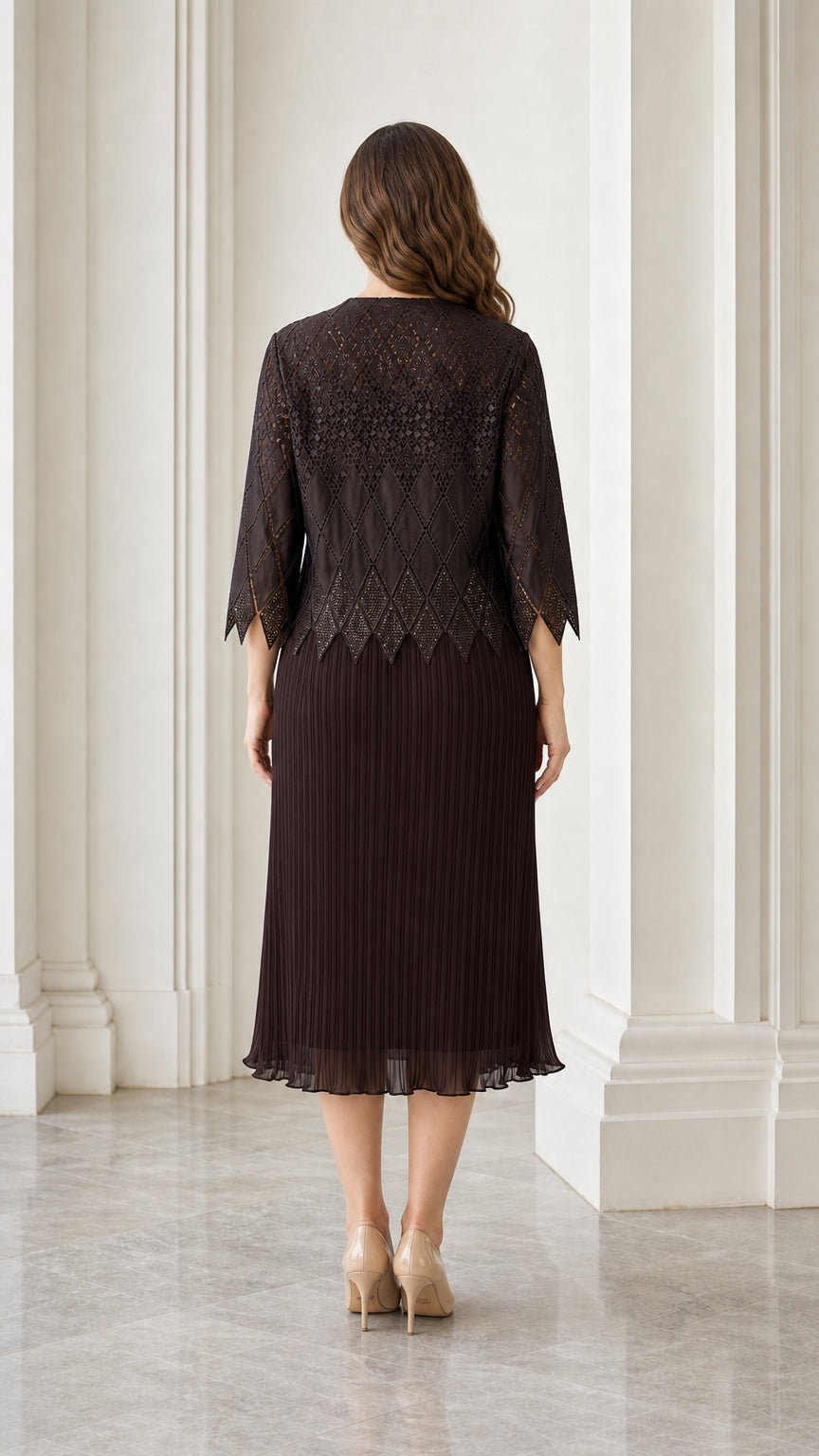 Back view of dark brown pleated midi dress and jacket set