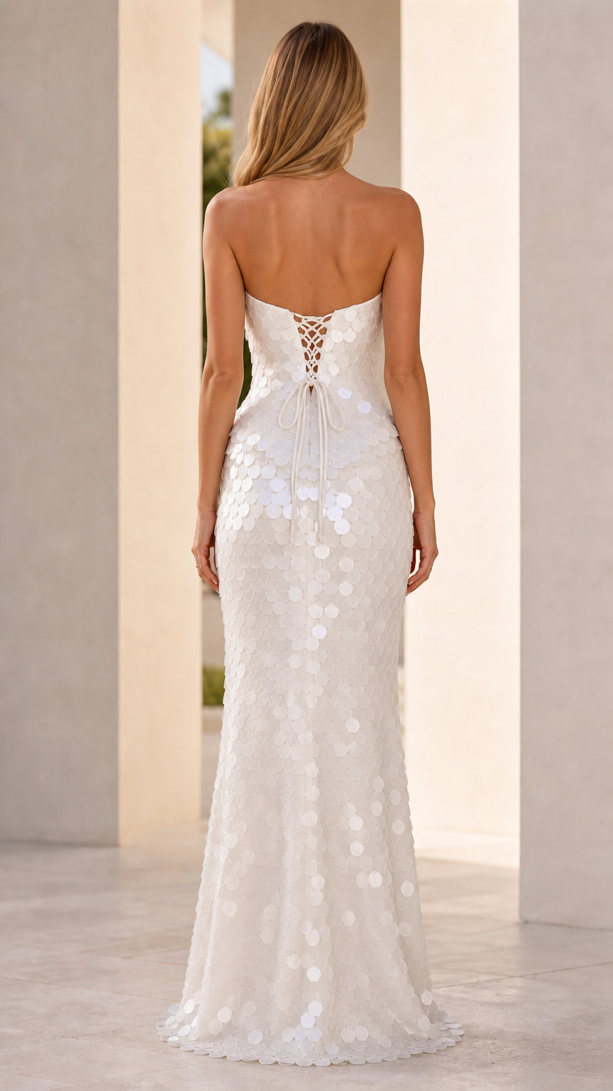Back view showcasing lace-up corset detail on white sequin dress