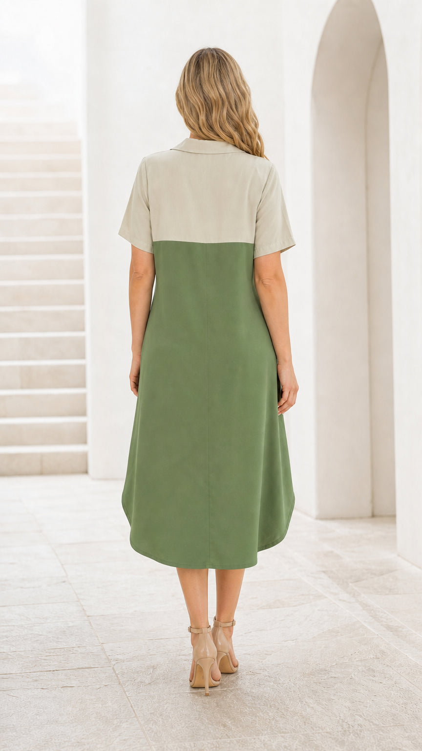 Back view of green color-block midi dress
